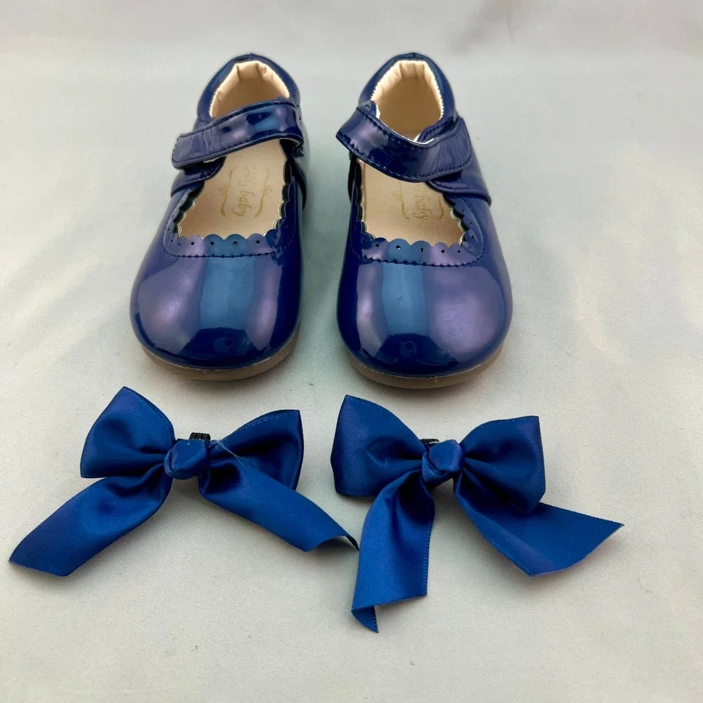 MG Baby Mary Jane Flats Toddler EU 22 (6-6.5) Dark Blue New Patent Scallop Bows